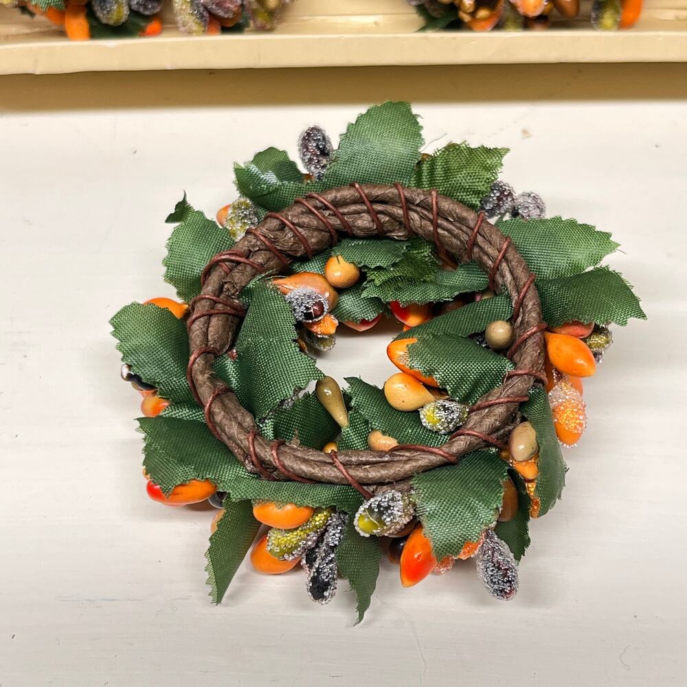 Fall Autumn Mini Wreath Candle Ring Frosted Orange Pip Berry - Picture 3 of 5